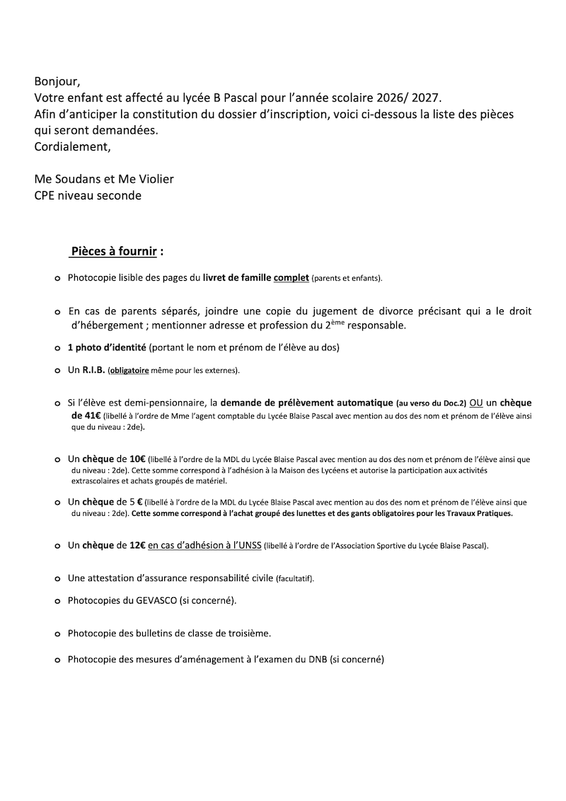 INSCRIPTION 2de LYCEE B.PASCAL RENTREE 2026 2